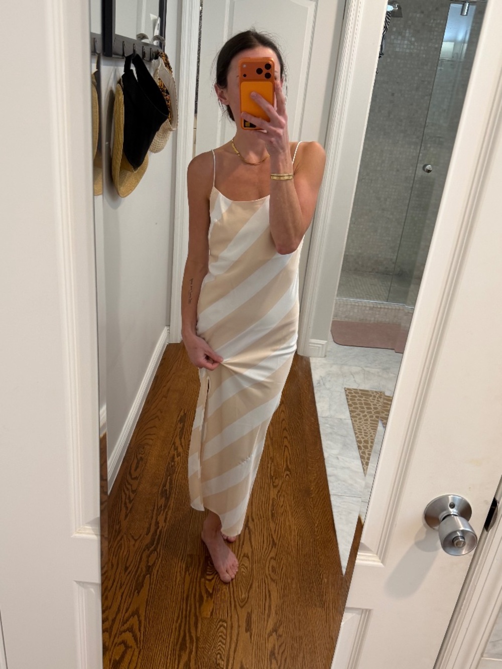 Beige and White Striped Cami Midi Dress